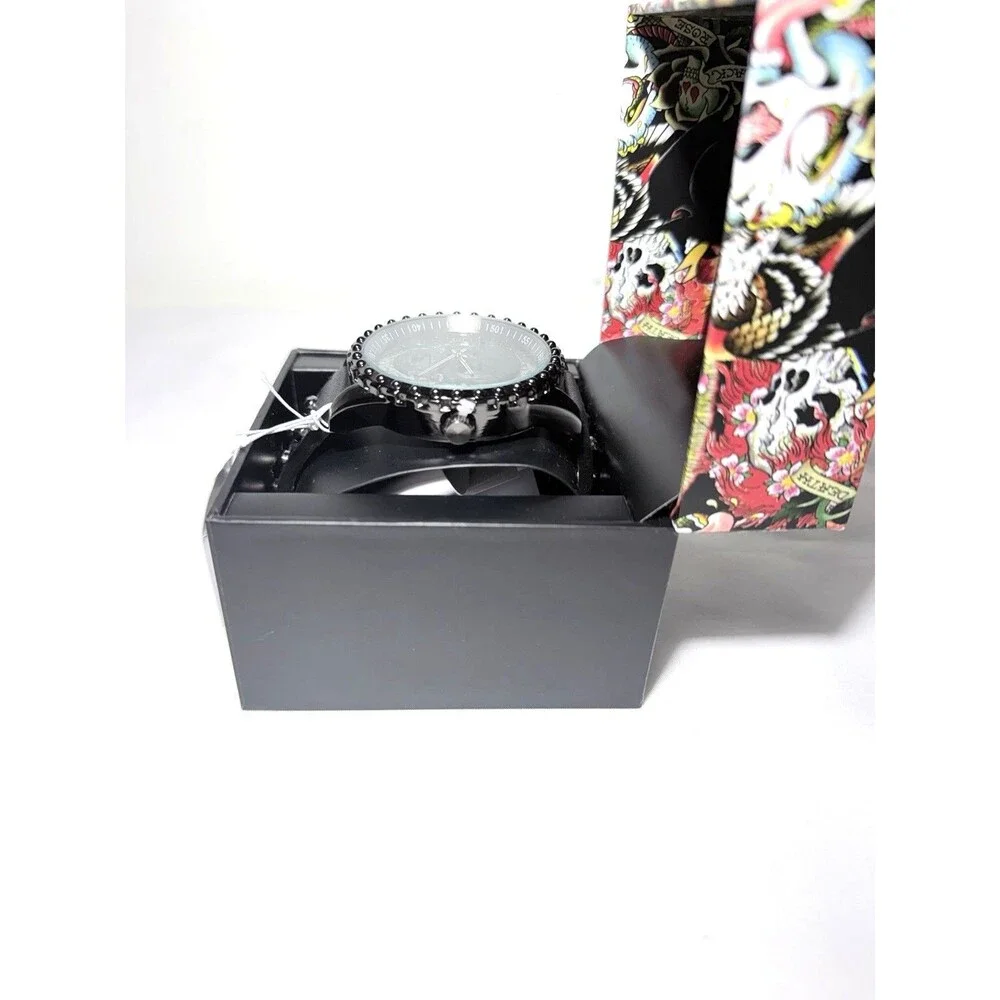 Ed Hardy Quartz Analog Watch Skull Dial Black Studded Leather Strap NEW IN BOX